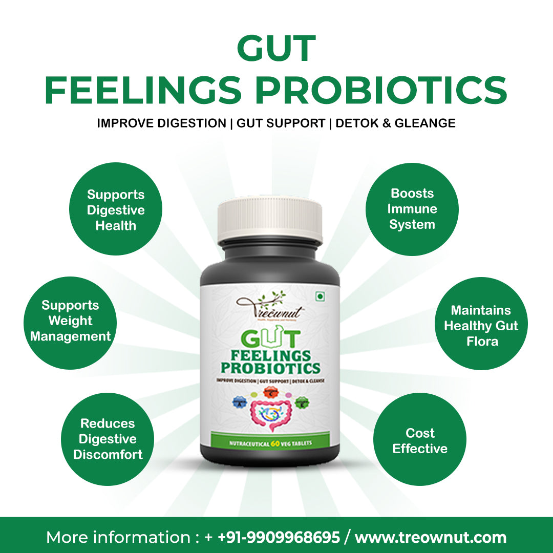 TREOWNUT Gut Feeling Probiotics - Improve Digestion, Gut Support, Detox & Cleanse. Veg And No Artificial Preservatives Added. Nutraceutical Tablets