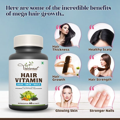 TREOWNUT Hair Vitamin – For Hair, Skin, and Nails with Essential Multivitamins, Amino Acids, and Nutraceutical Extracts. No Artificial Preservatives Added. Nutraceutical Tablets (60 Tablets)